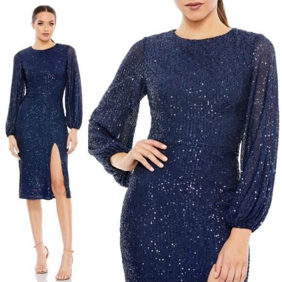 Mac Duggal Midnight Blue Sequin Long Sleeve Dress